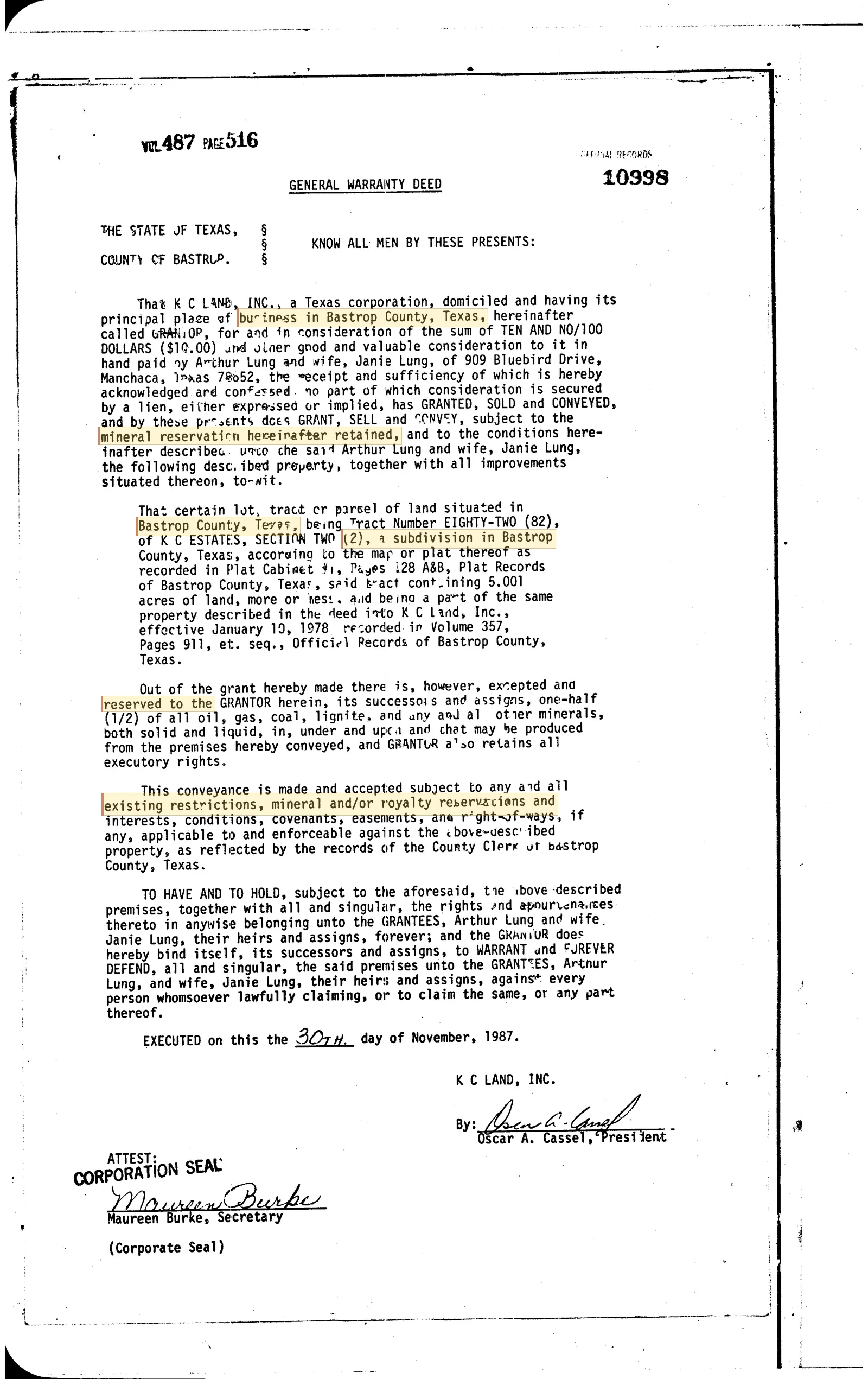 K C Land Inc. - Recorded Deed (Vol. 487, Page 516)