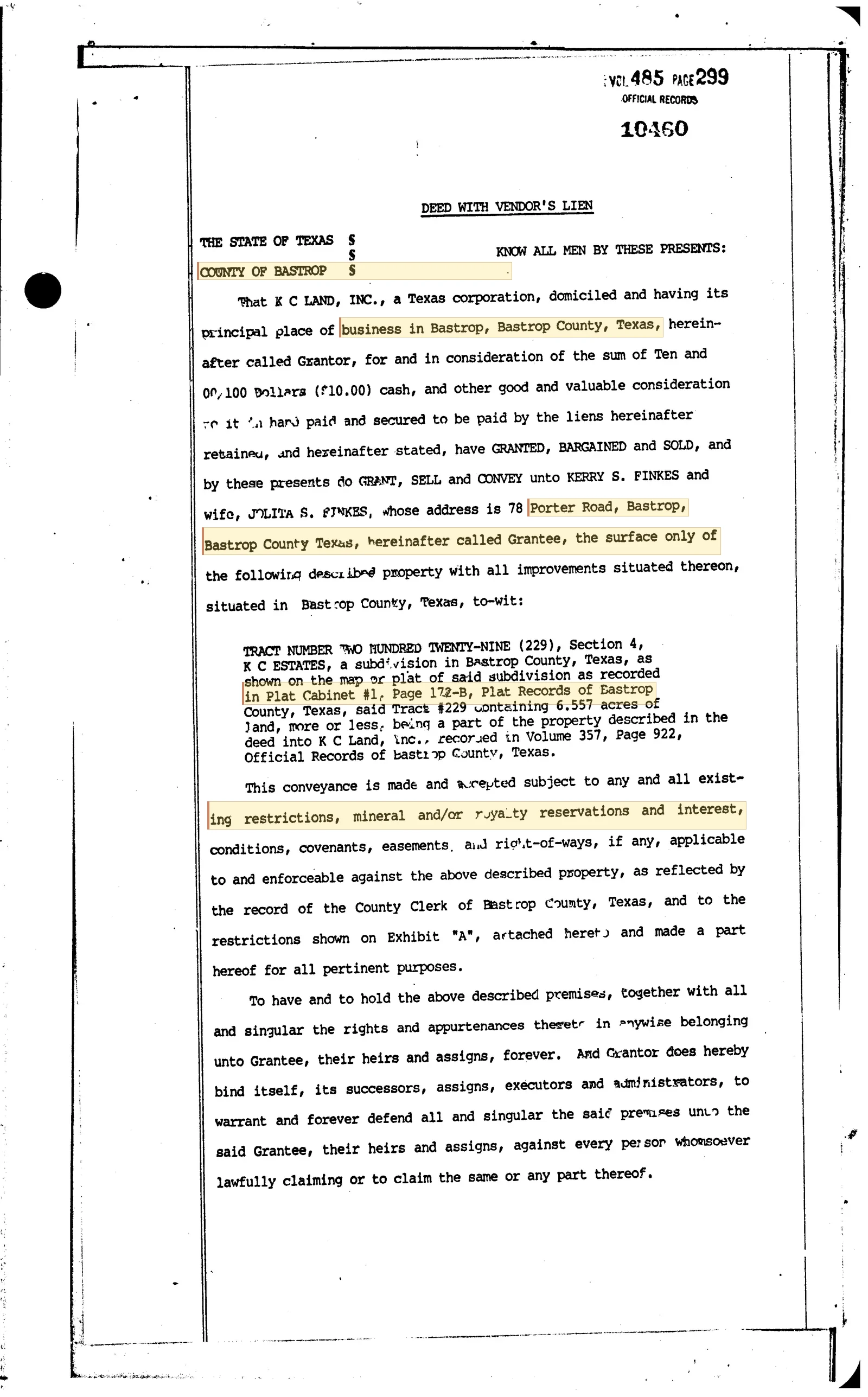 K C Land Inc. - Recorded Deed (Vol. 485, Page 299)