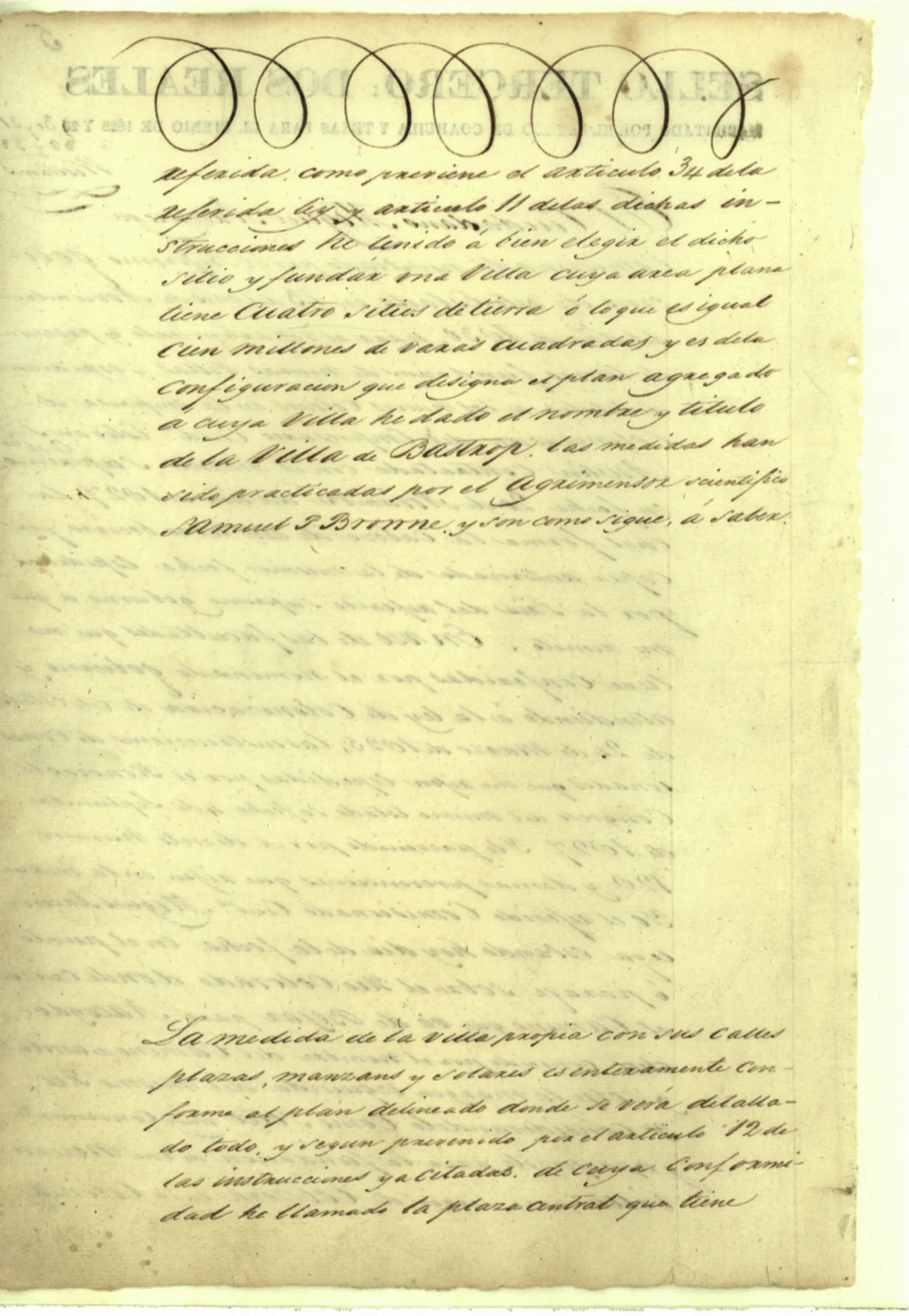 Bastrop, Town of Original Cursive Land Grant & Field Notes (Bastrop County, Abstract A-11)
